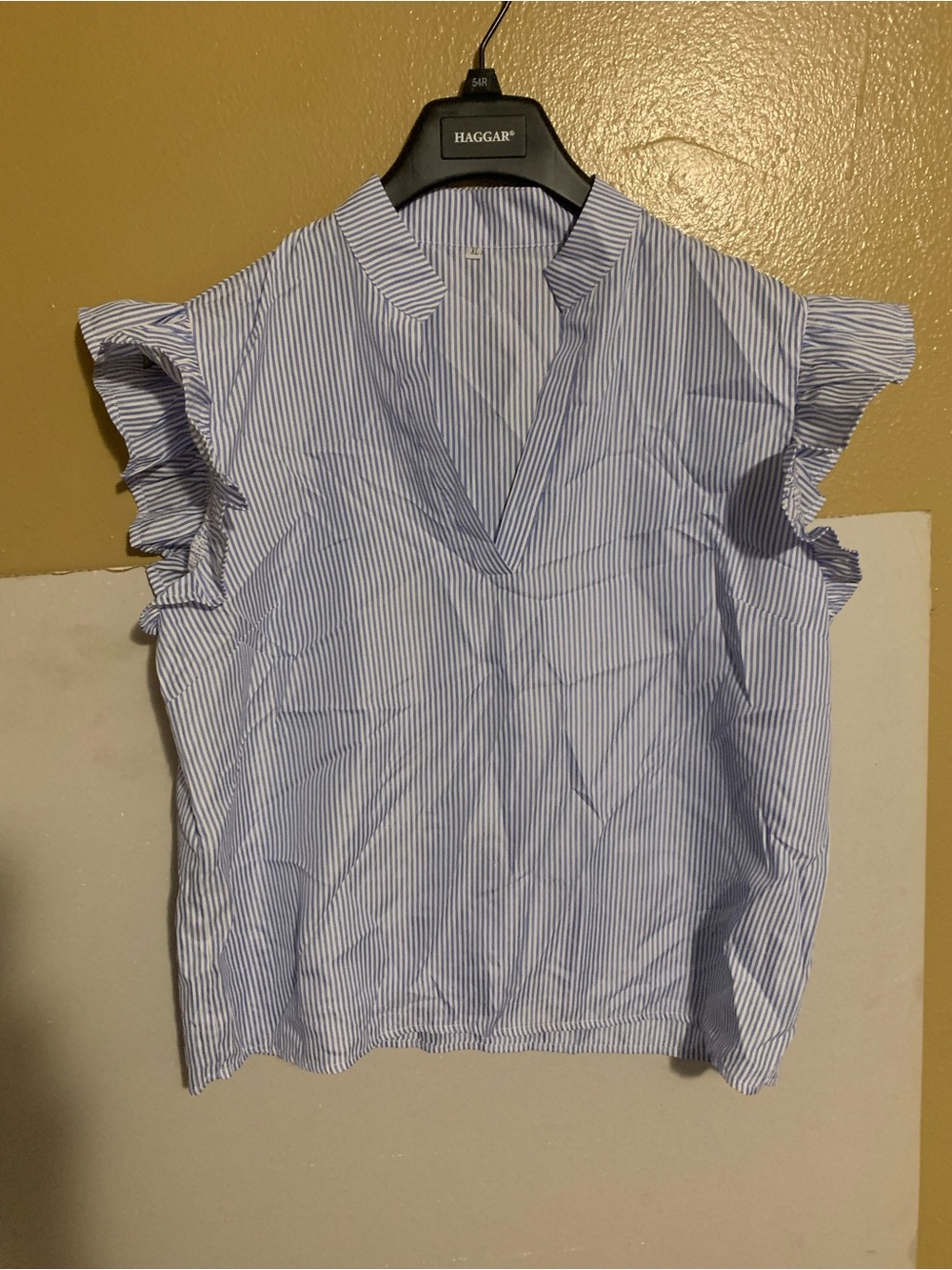 NWOT SHEIN Blue and White Striped V-Neck Ruffle Sleeve Blouse